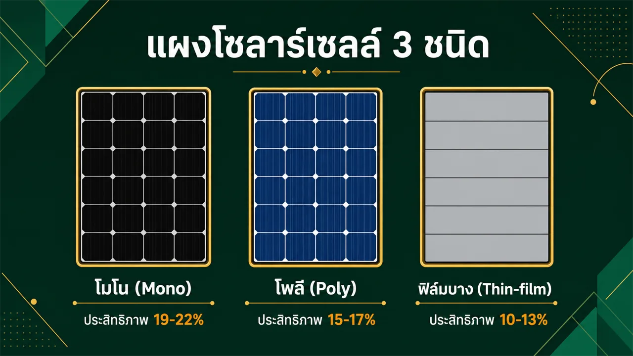 แผงโซลาร์เซลล์ 3 ชนิด โมโน โพลี ฟิล์มบาง
