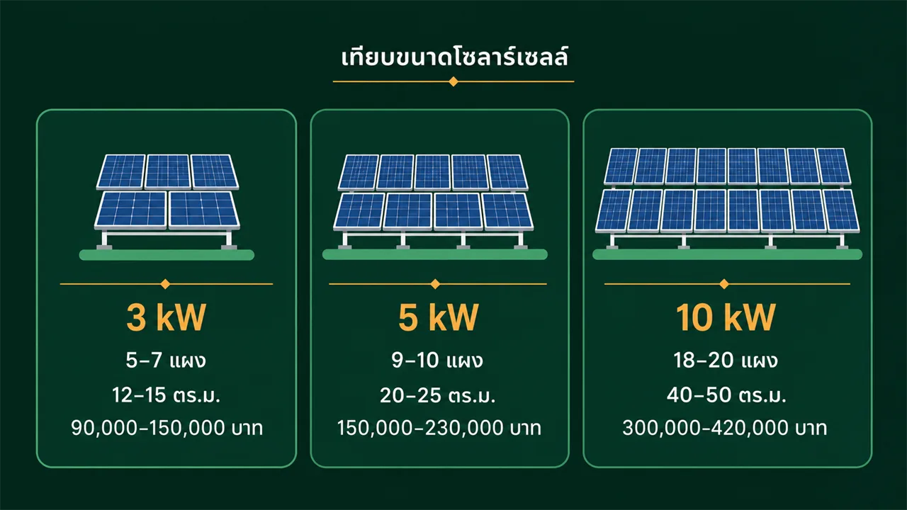 เทียบขนาดโซลาร์เซลล์ 3 5 10 kW จำนวนแผง พื้นที่ ราคา