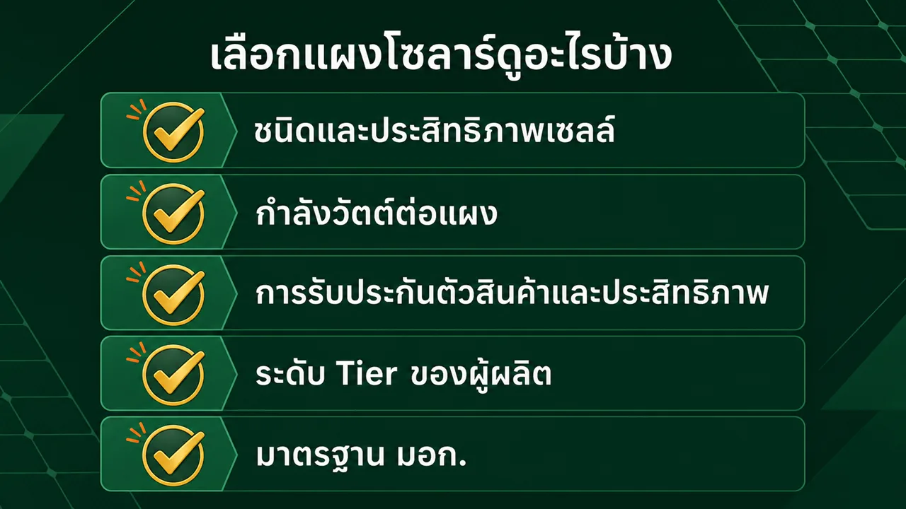 เลือกแผงโซลาร์เซลล์ดูอะไรบ้าง ชนิด วัตต์ ประกัน Tier มอก.