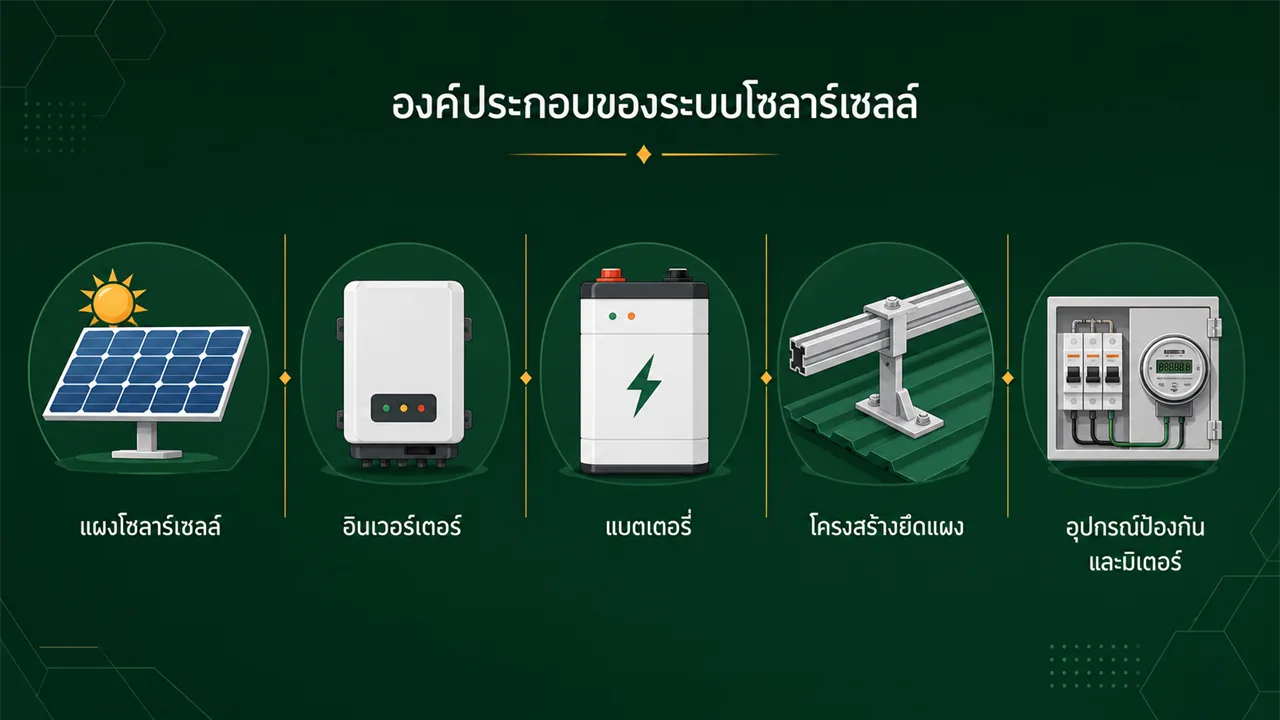 องค์ประกอบของระบบโซลาร์เซลล์ แผง อินเวอร์เตอร์ แบตเตอรี่