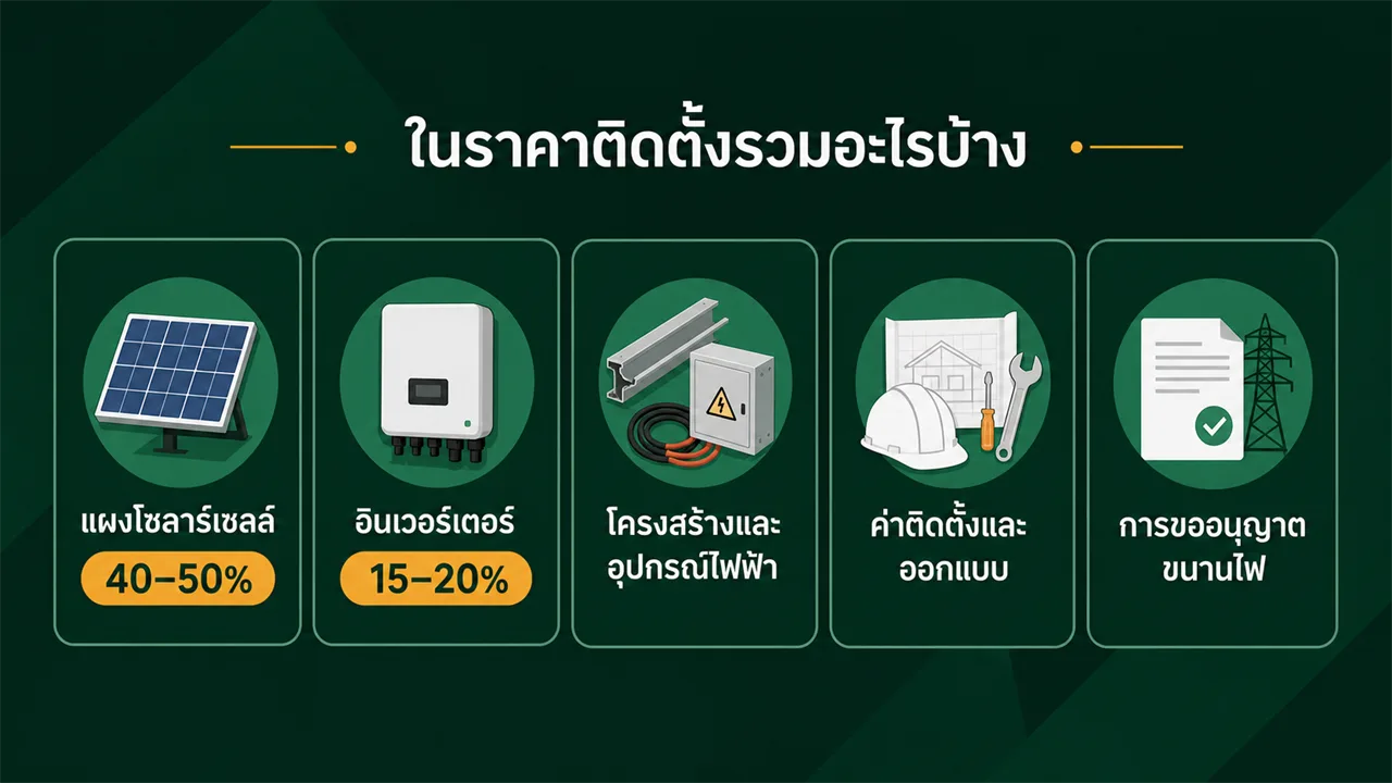 ในราคาติดตั้งโซลาร์รวมแผง อินเวอร์เตอร์ โครงสร้าง ติดตั้ง ขออนุญาต